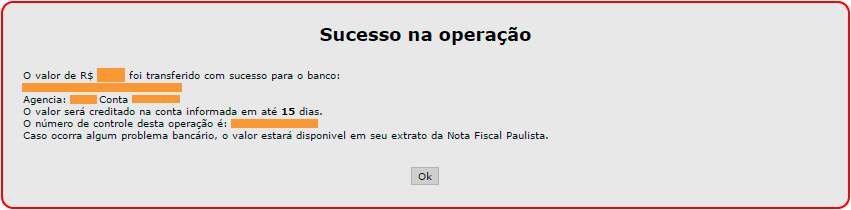 Confirmação resgate Nota Fiscal Paulista